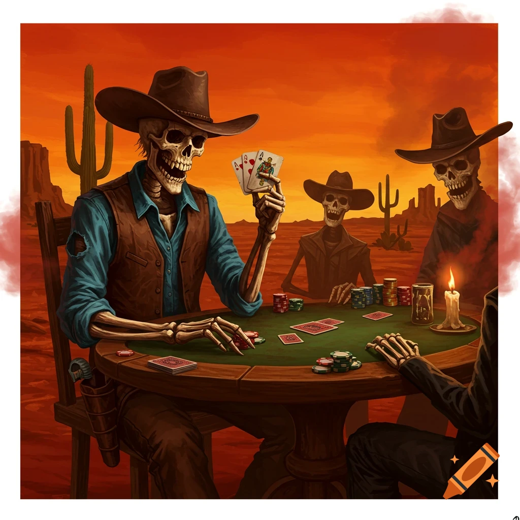 Skeleton cowboys playing poker at a table in a desert setting.