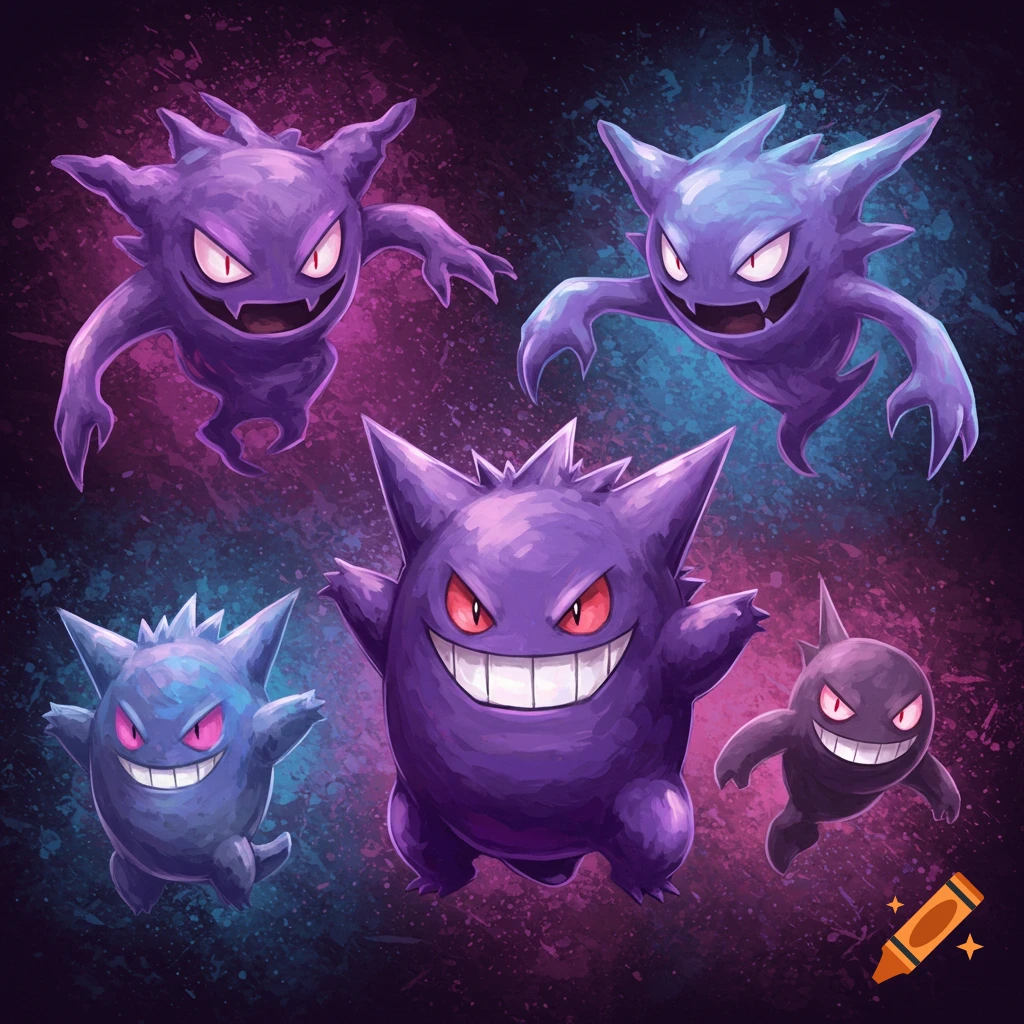 Digital art of Gengar, Haunter, and Gastly floating on an abstract purple and blue background.