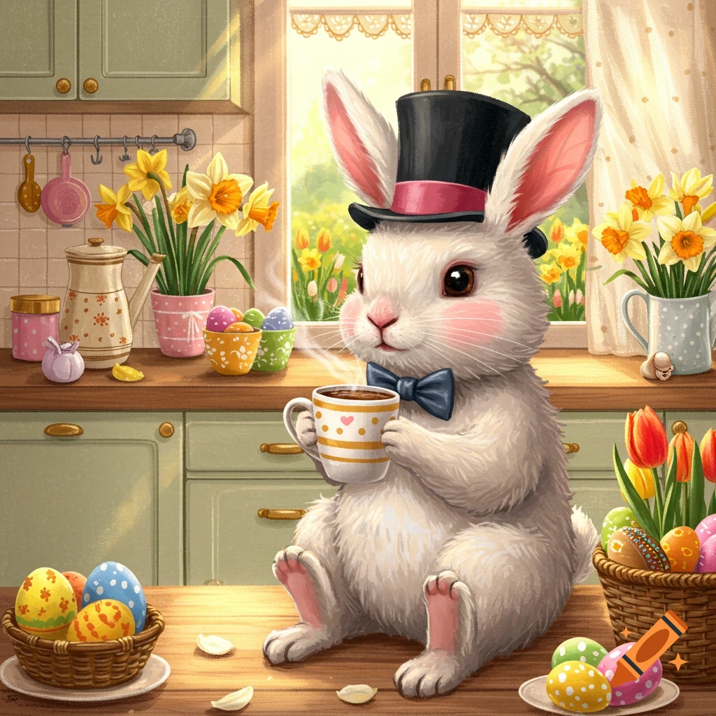 An Easter bunny in a top hat and bow tie drinking coffee in a kitchen with Easter eggs and flowers.