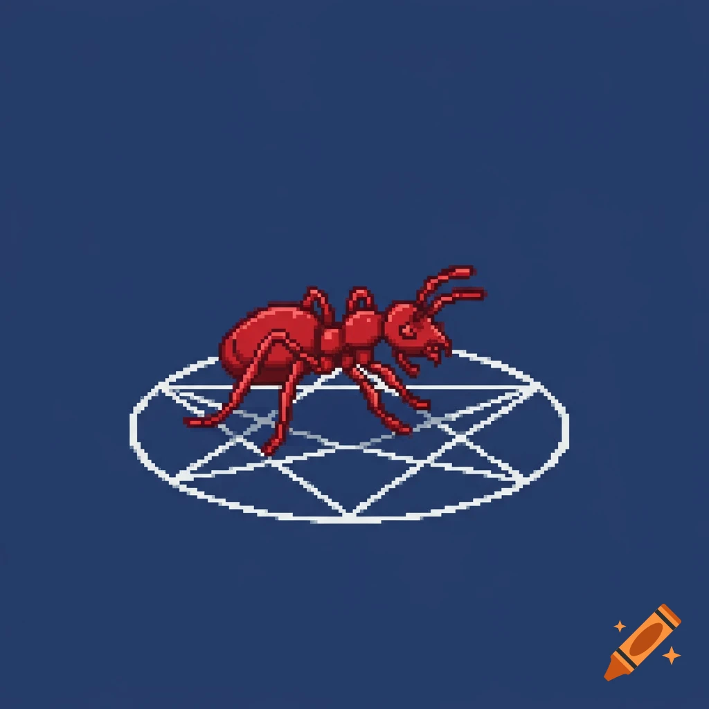 A red pixel art ant stands on a white pixel art pentagram against a blue background.