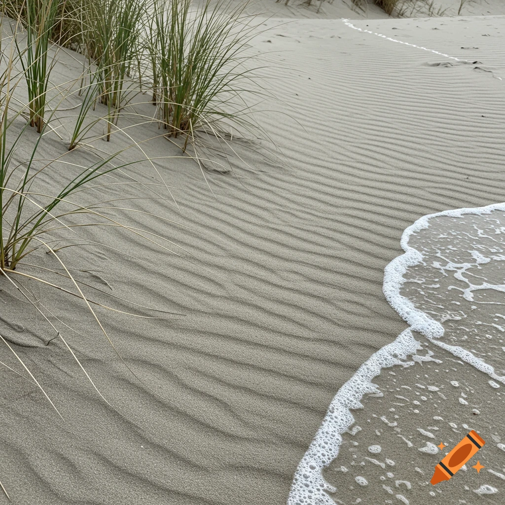 Close-up of rippled sand dunes with grass and ocean foam washing ashore.