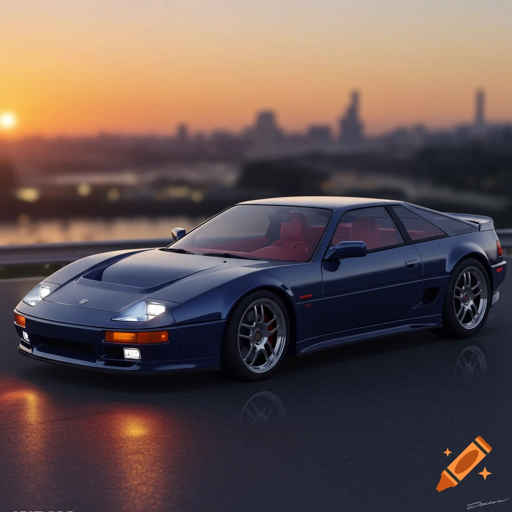 Blue sports car parked on road at sunset with city skyline background.