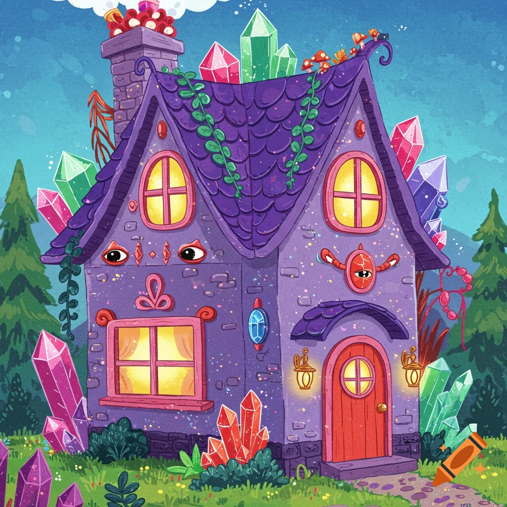 A sparkly purple fantasy house with glowing windows, eyes, and surrounded by large colorful crystals. Illustration.