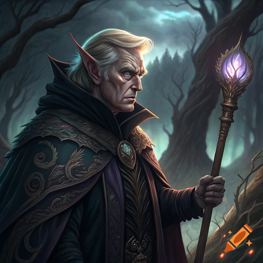 An old male high elf in dark, ornate robes holds a glowing staff in a fantasy forest.