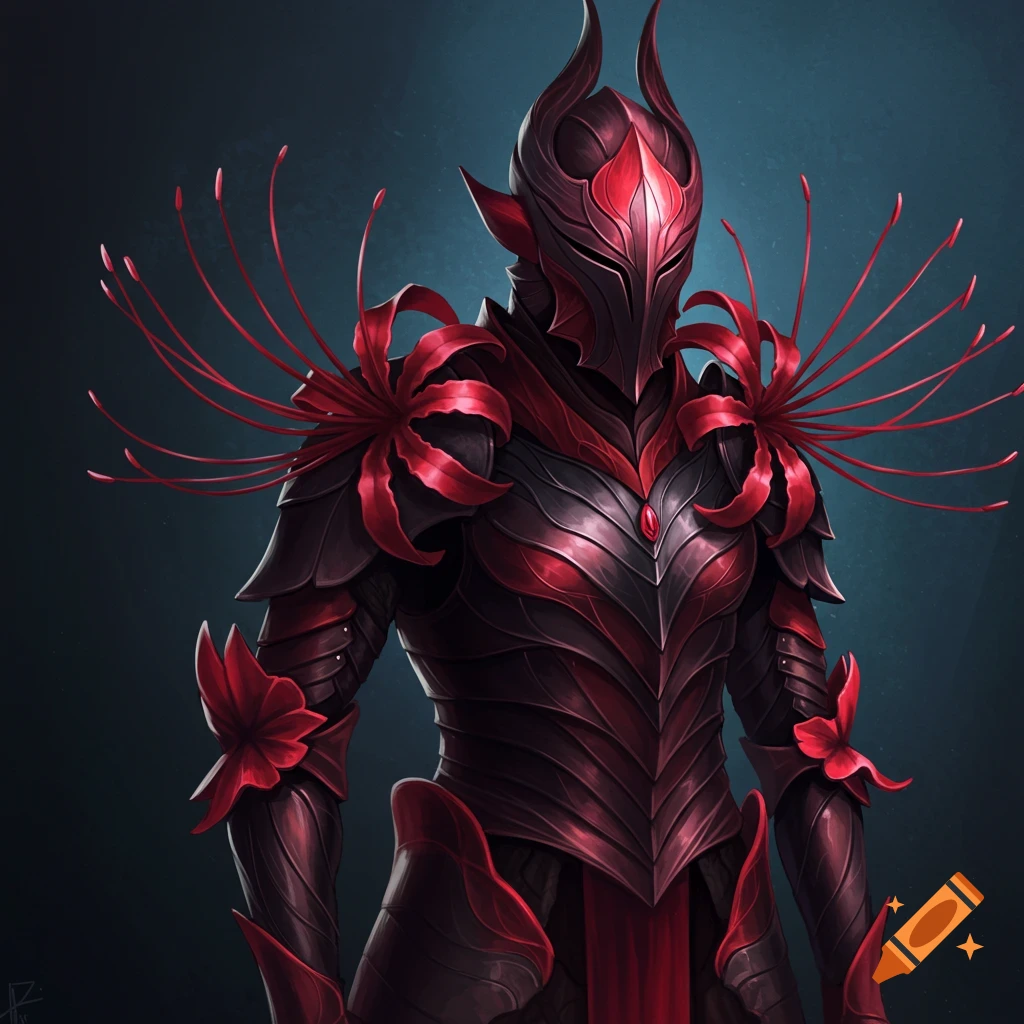 Black and red fantasy armor decorated with spider lilies.