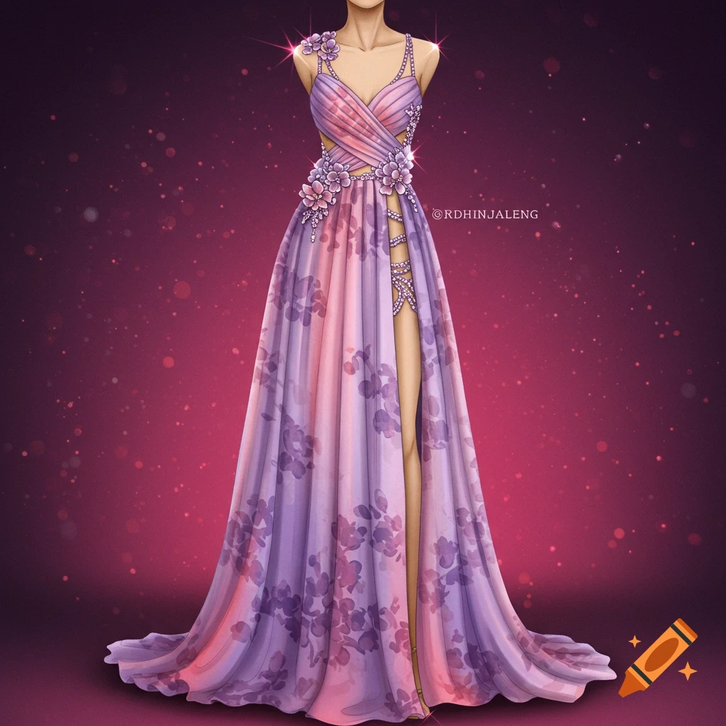 Purple and pink gradient gown with a high slit, floral appliques, and sparkles.
