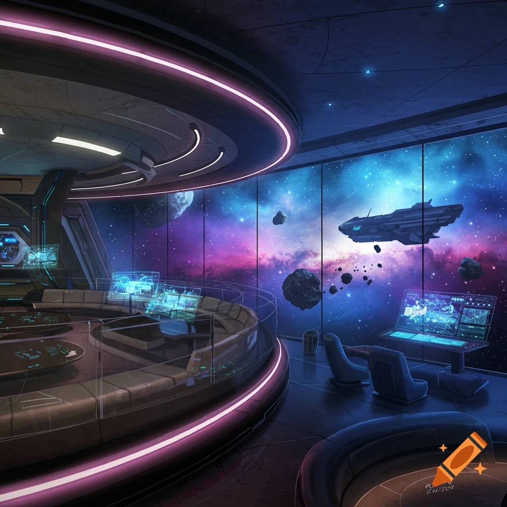 A futuristic space station interior overlooks a nebula, asteroids, and a spaceship.
