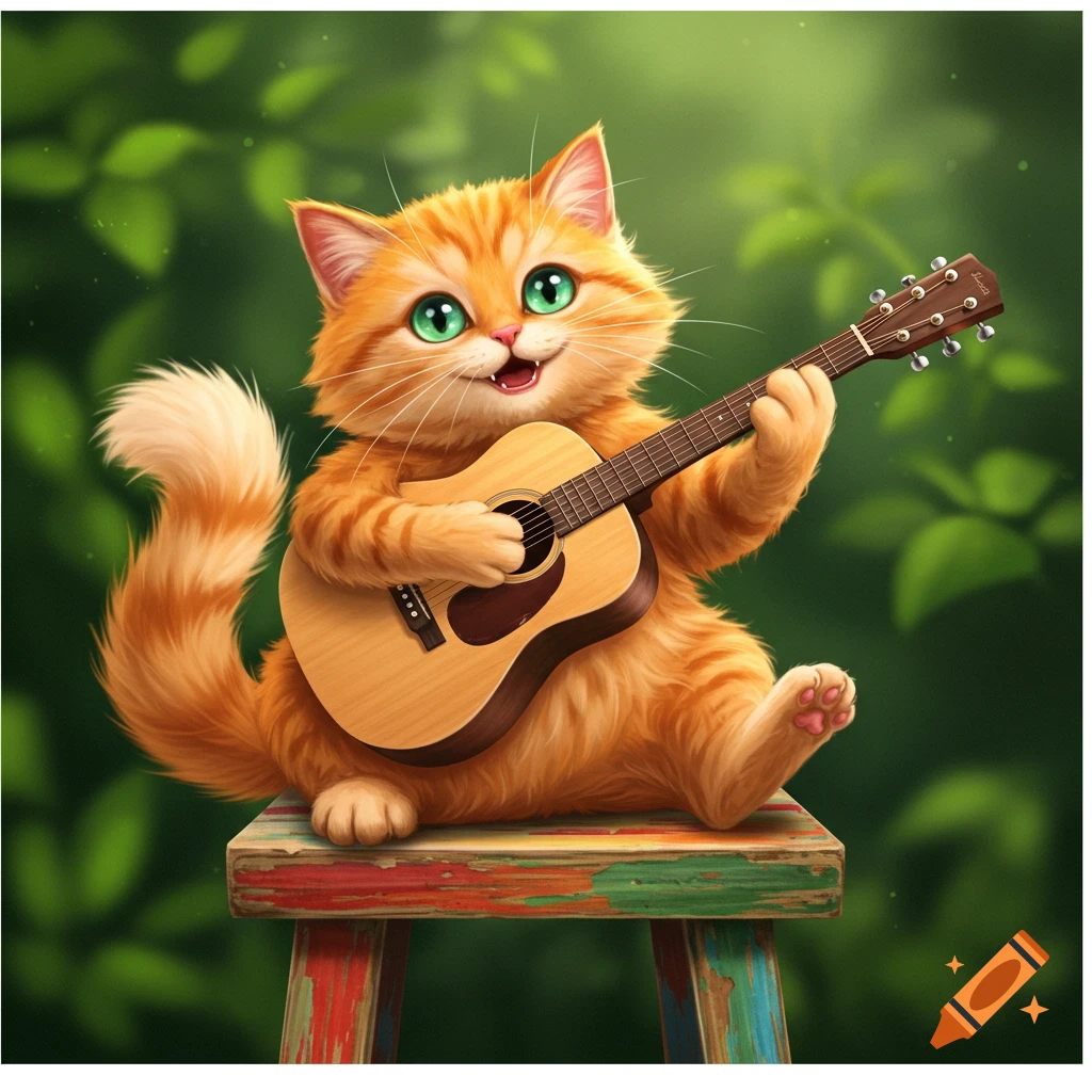 Cute orange cat playing guitar on a stool