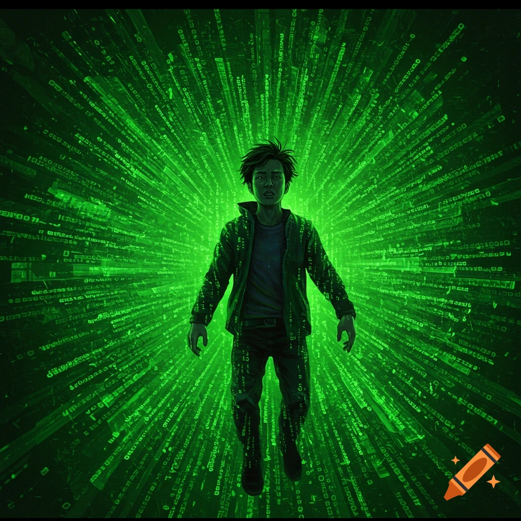 A person floats in a glowing green digital matrix code background.