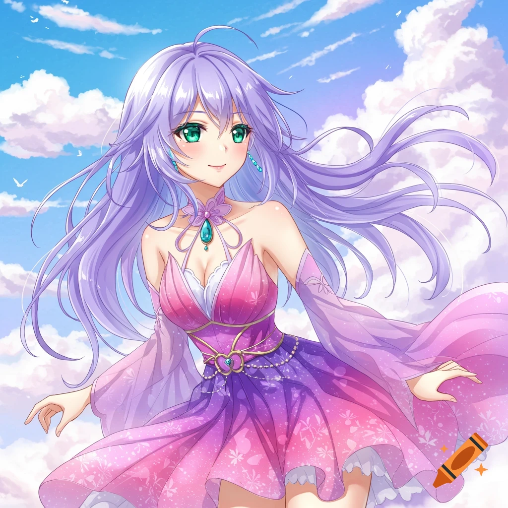 An anime girl with flowing purple hair and green eyes wears a pink and purple dress in a cloudy sky.