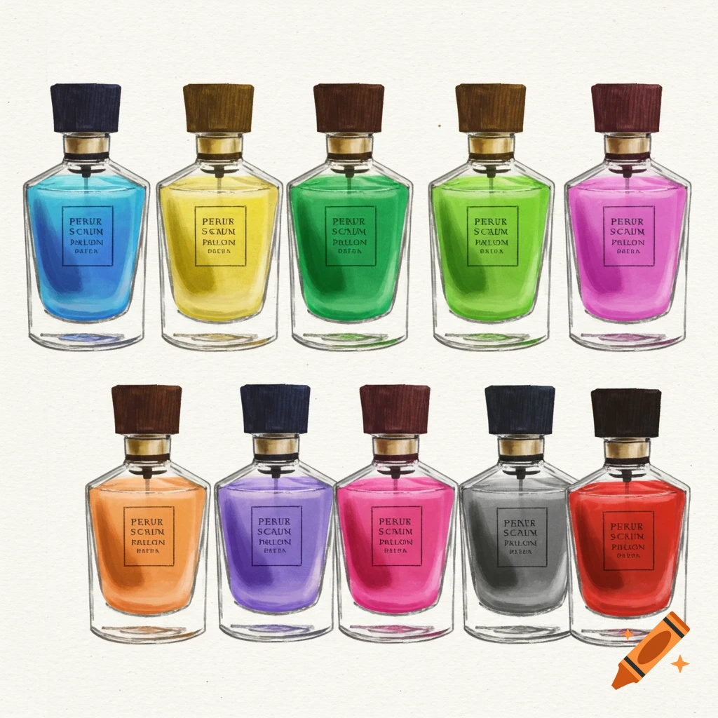 A photo of 10 colorful perfume bottles with wood caps.