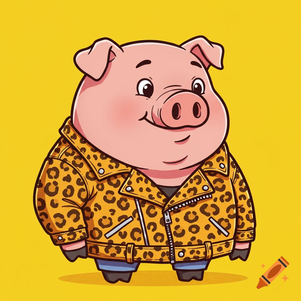 Cartoon pig wearing a leopard print biker jacket