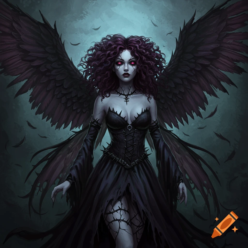 Dark fantasy character with purple hair, red eyes, and black wings wearing a gothic dress.