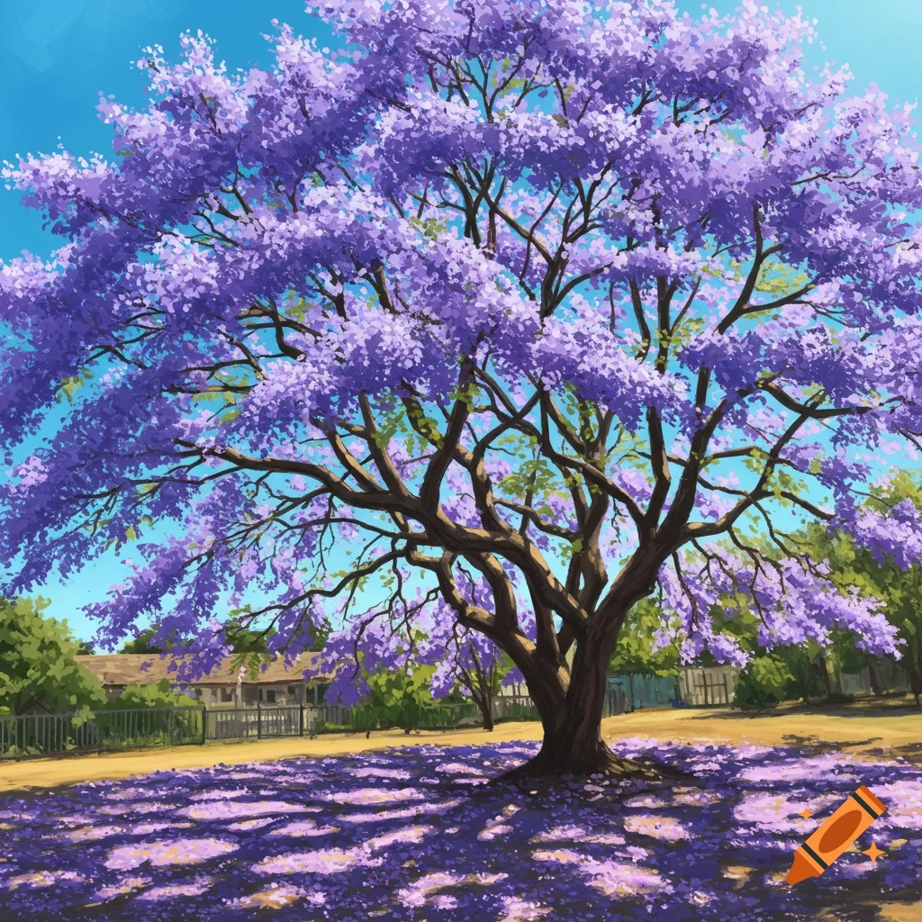 A large jacaranda tree with purple flowers and fallen petals on the ground in a park.