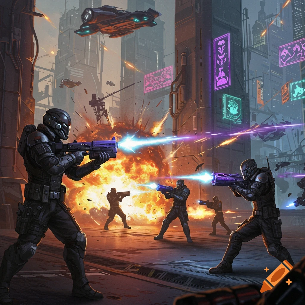 Futuristic soldiers fighting in a sci-fi city battle with explosions and laser fire.