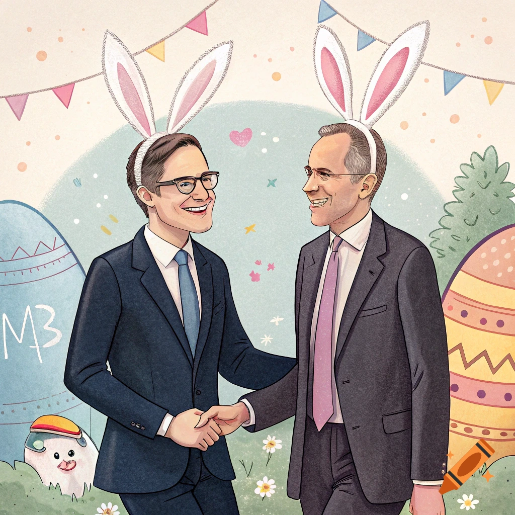 Illustration of two men in suits wearing bunny ears and shaking hands in an Easter setting with eggs and decorations.