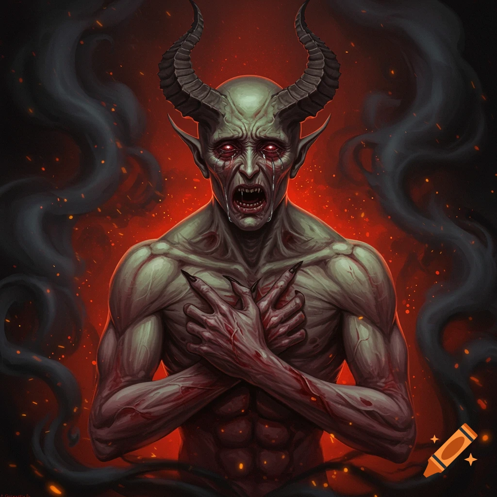 A demon with horns, red eyes, and clawed hands in a dark gothic style.