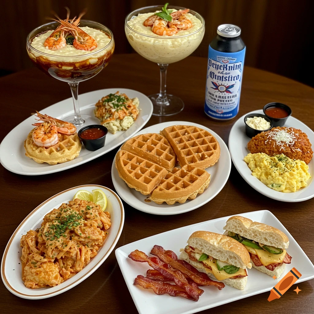 Various dishes on a table including waffles, shrimp and grits, mac and cheese, a bacon sandwich, and a beverage can.