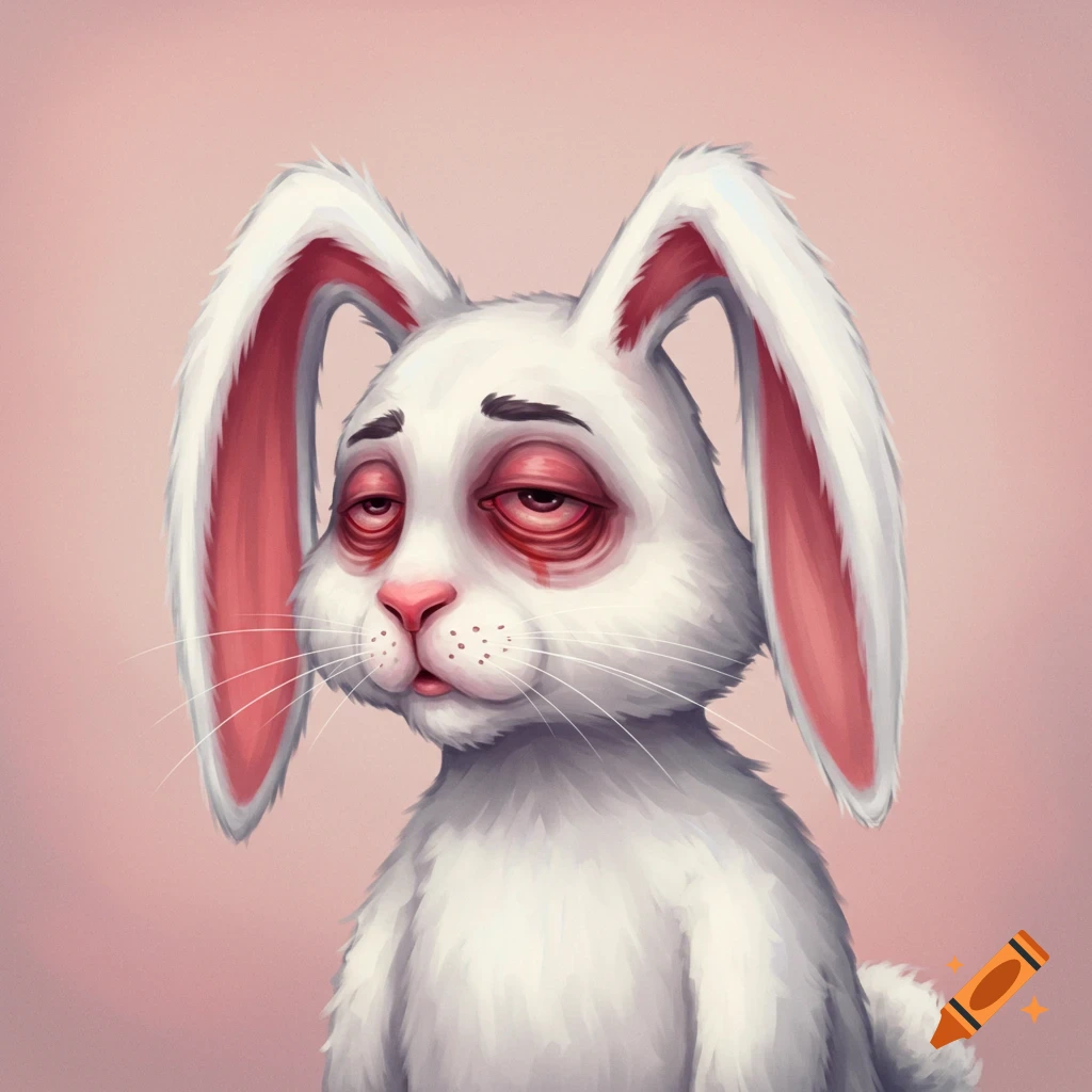 A white rabbit with red, sleepy eyes.