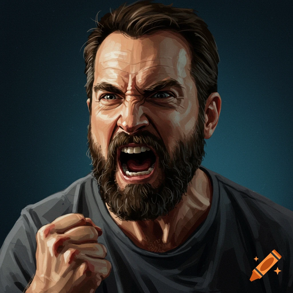 A man with a beard yelling angrily and clenching his fist.