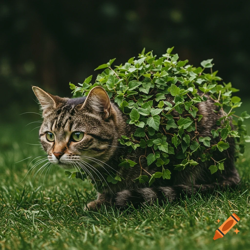 A tabby cat covered in green leaves sits in green grass. Photorealistic.
