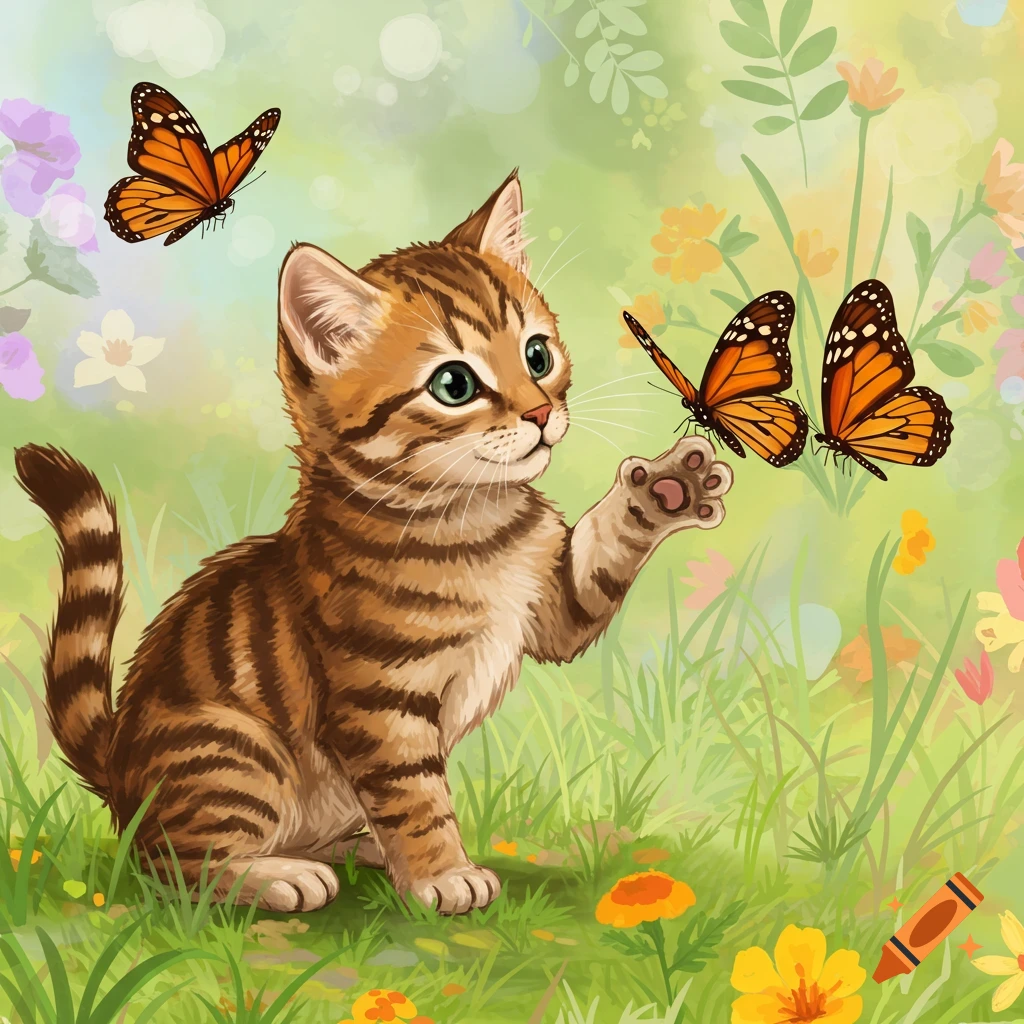 Seamless illustration of a tabby kitten reaching for butterflies in a flowery garden.