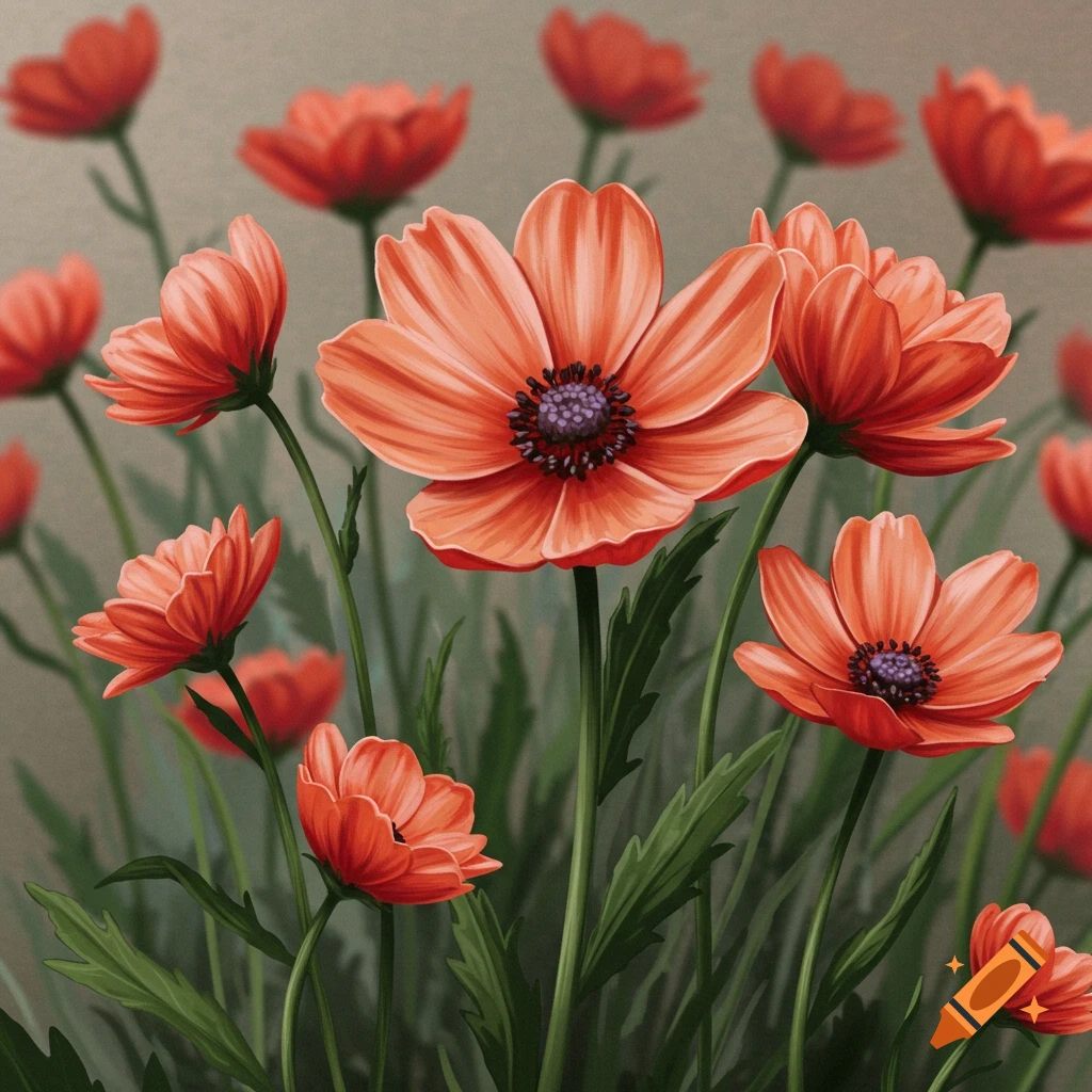 Orange and red flowers with green stems and leaves.