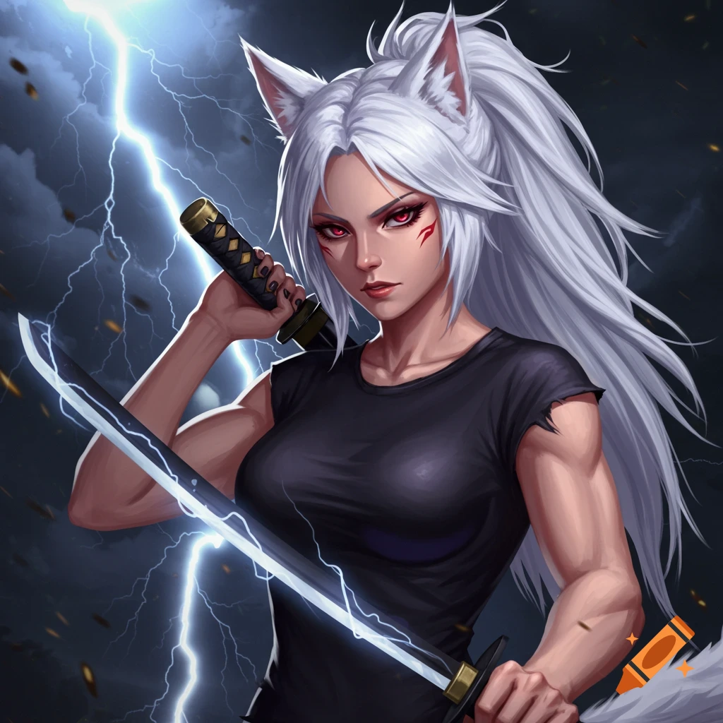 A woman with wolf ears holding katanas in lightning.