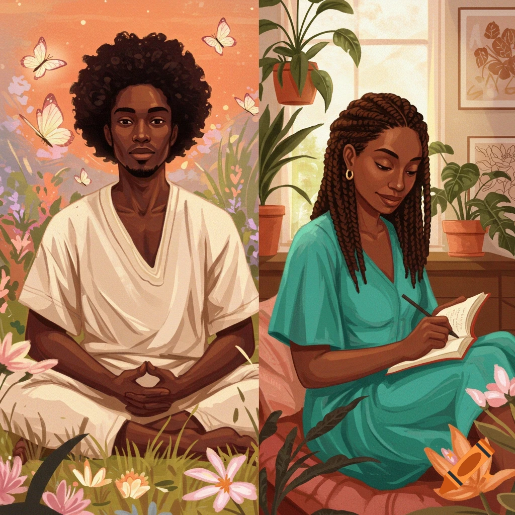A Black man meditating outdoors with butterflies and a Black woman writing in a journal indoors with plants.