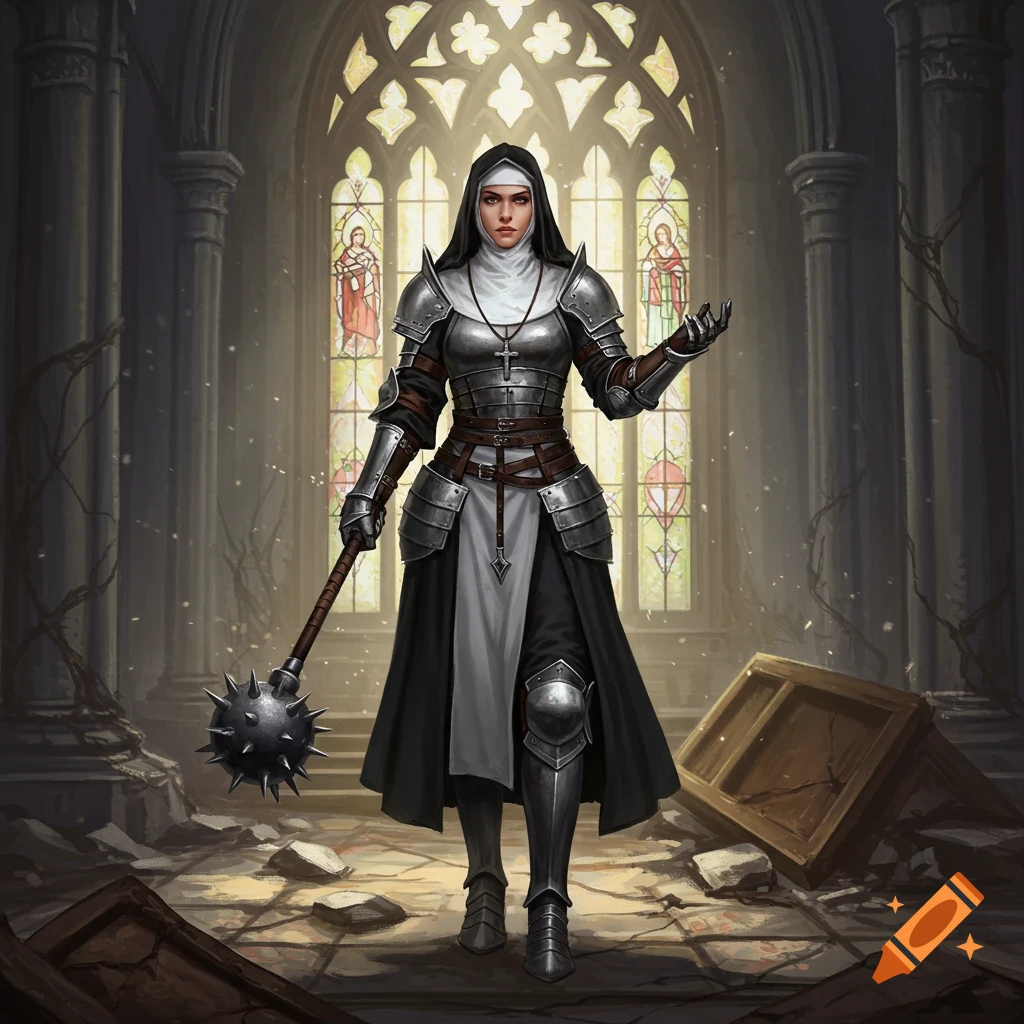 A warrior nun in silver armor and habit holding a mace in a ruined church.