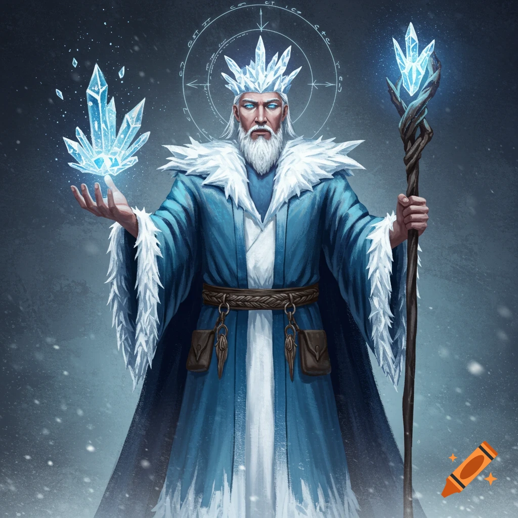 A man in icy blue and white robes holds a staff and ice crystals, with a magic circle above him.