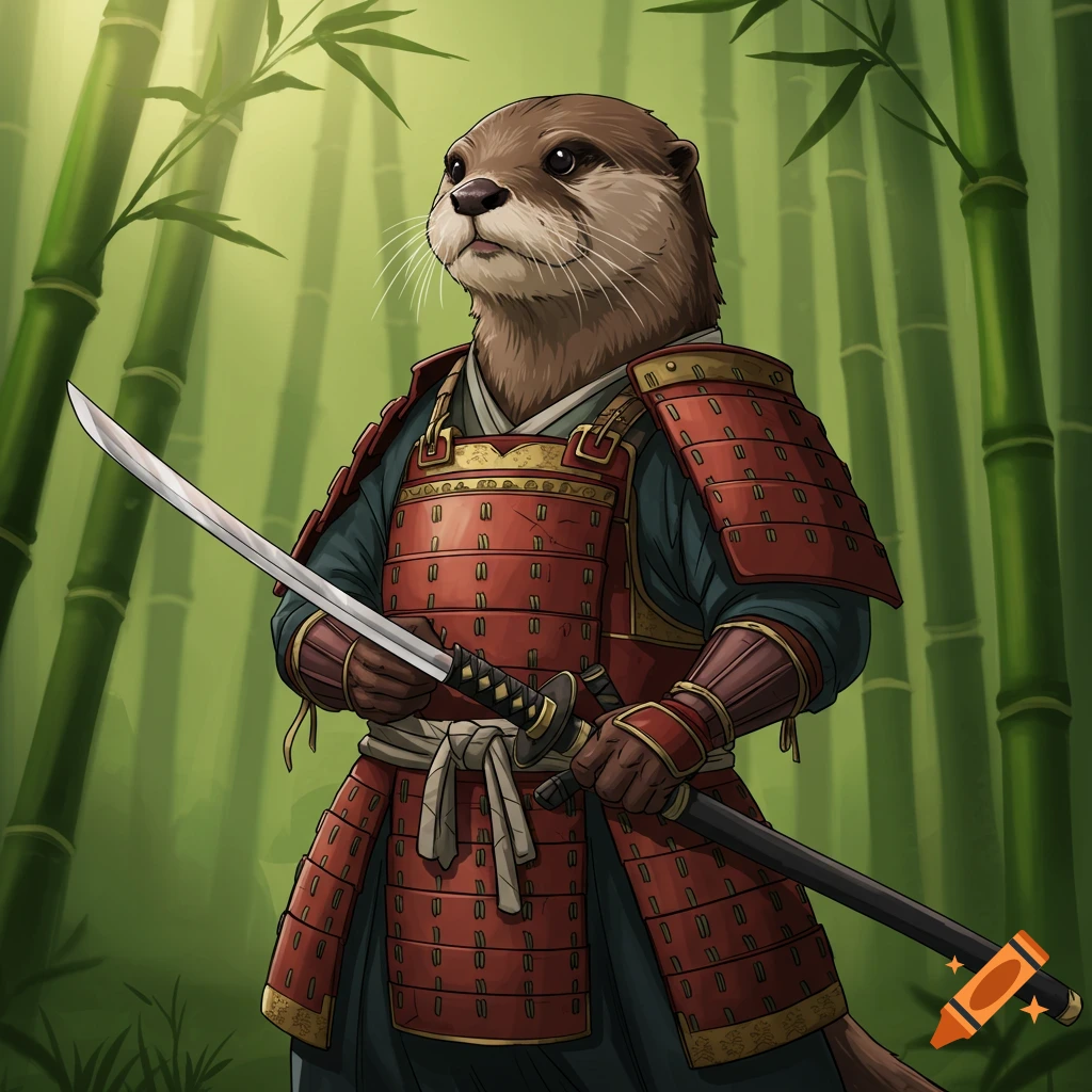 An otter in samurai armor holding a sword in a bamboo forest.