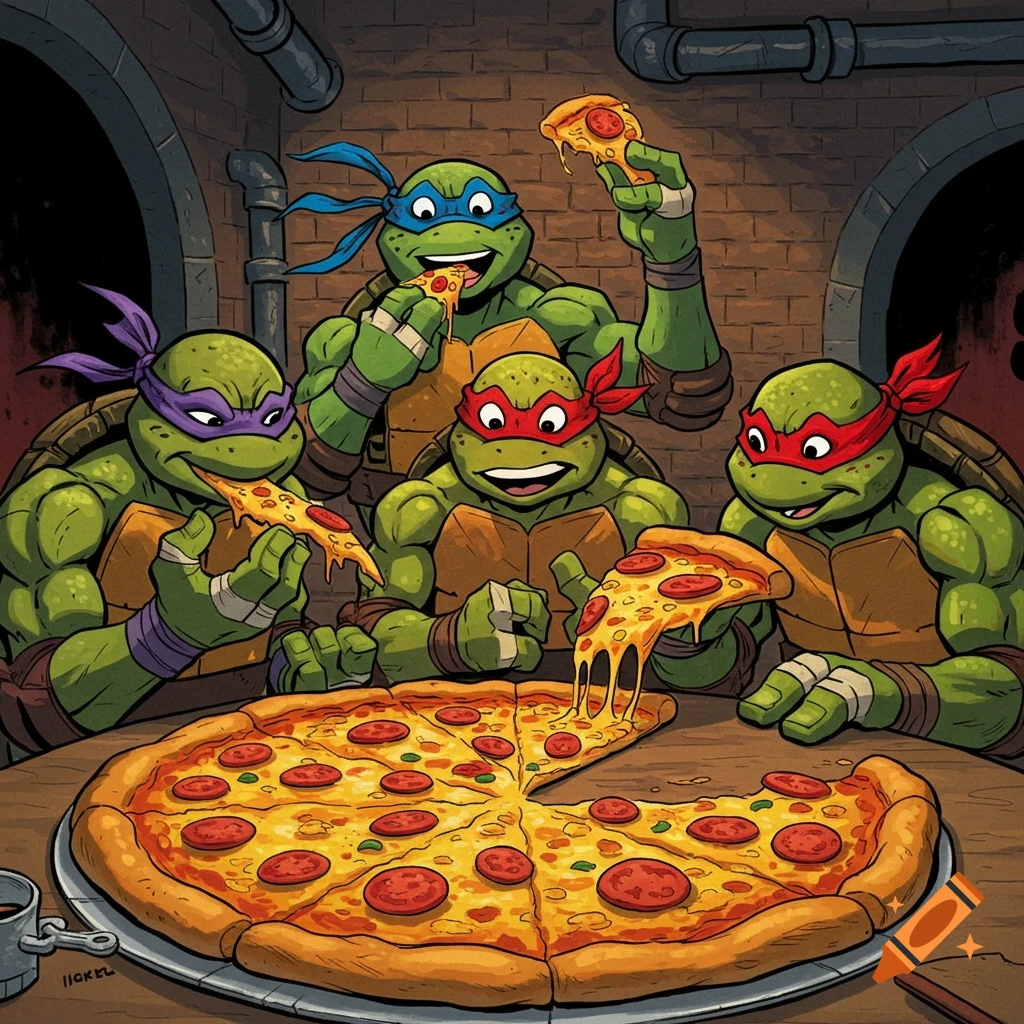 Four Ninja Turtles sit around a large pizza in a sewer, eating slices.