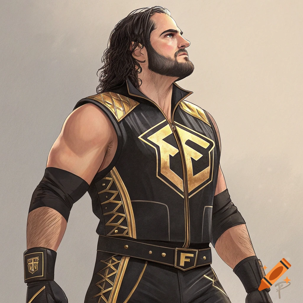 Illustration of a male character in black and gold wrestling gear looking upwards.