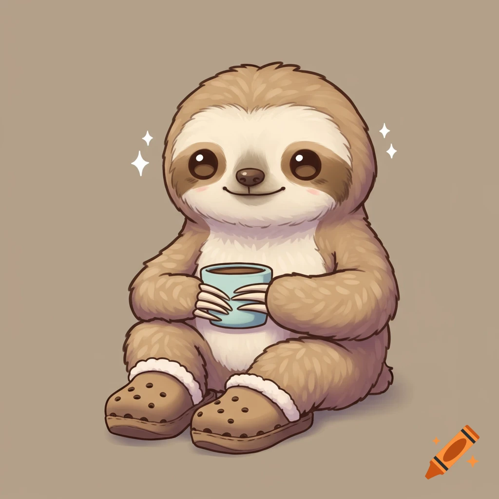 Cute cartoon sloth character sits, holding a mug and wearing fuzzy slippers.