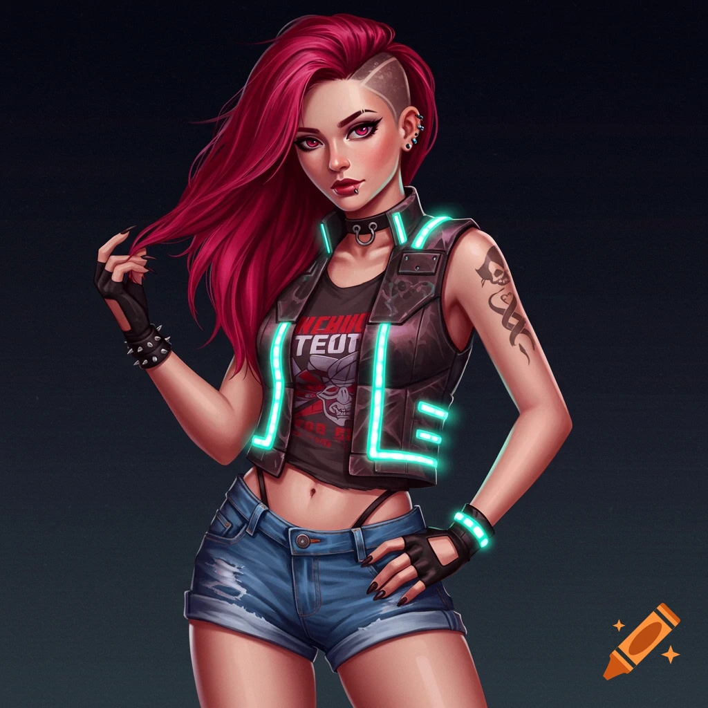 A woman with red hair and shaved side wearing a cyberpunk vest and denim shorts.