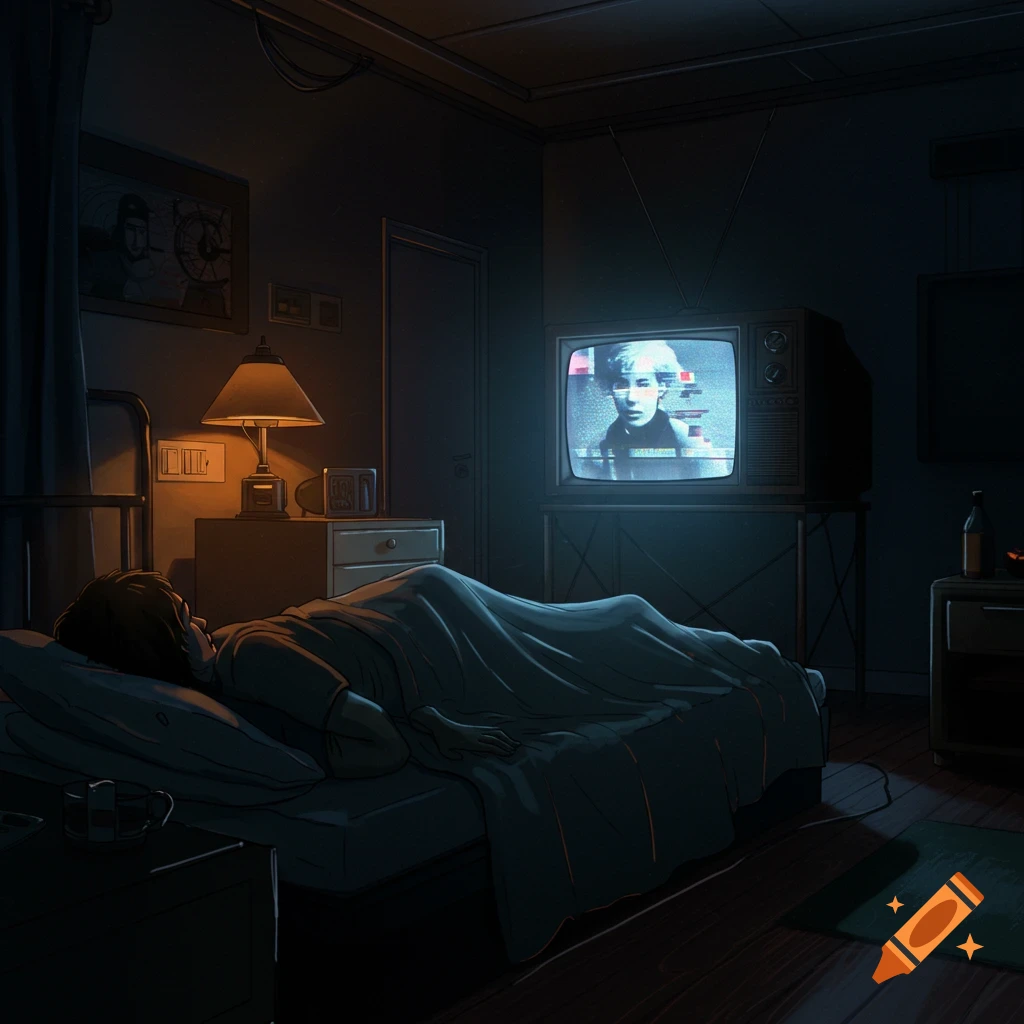 A person lies in bed, fixated on a static-filled retro TV in a dark room.