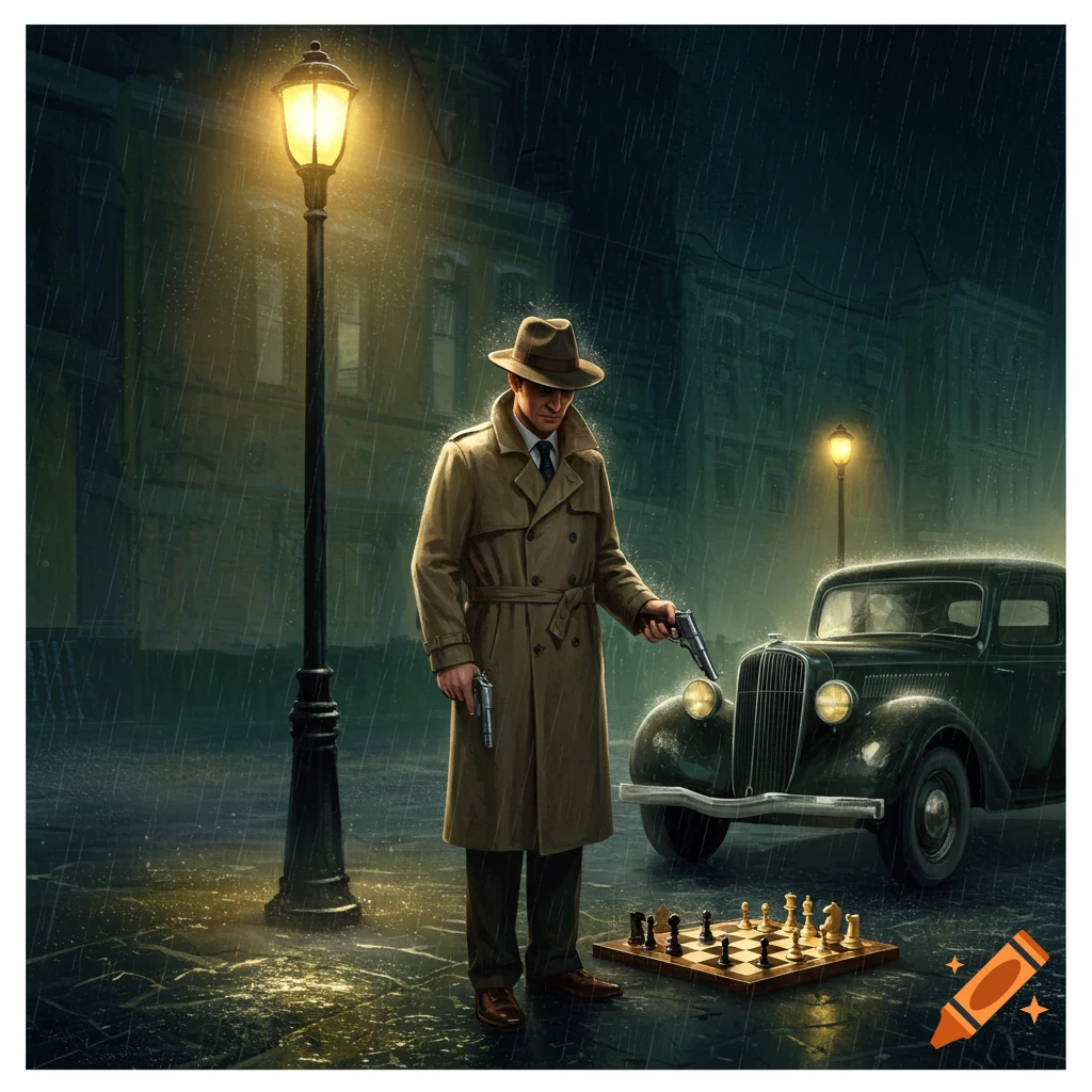 A private detective in a trench coat holding pistols, standing by a chessboard in the rain at night near a vintage car.