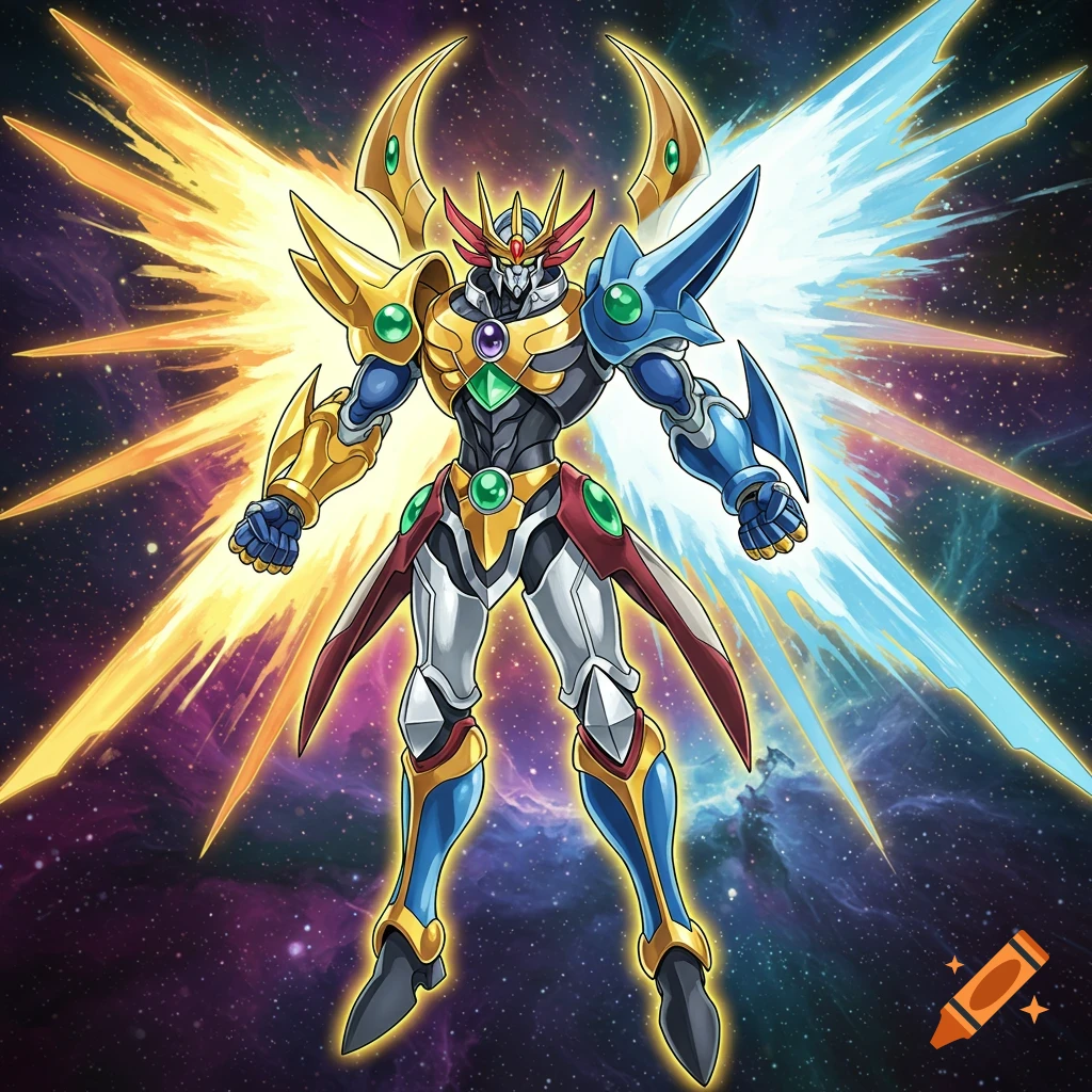 A robot character with gold and blue armor and large energy wings stands in space.