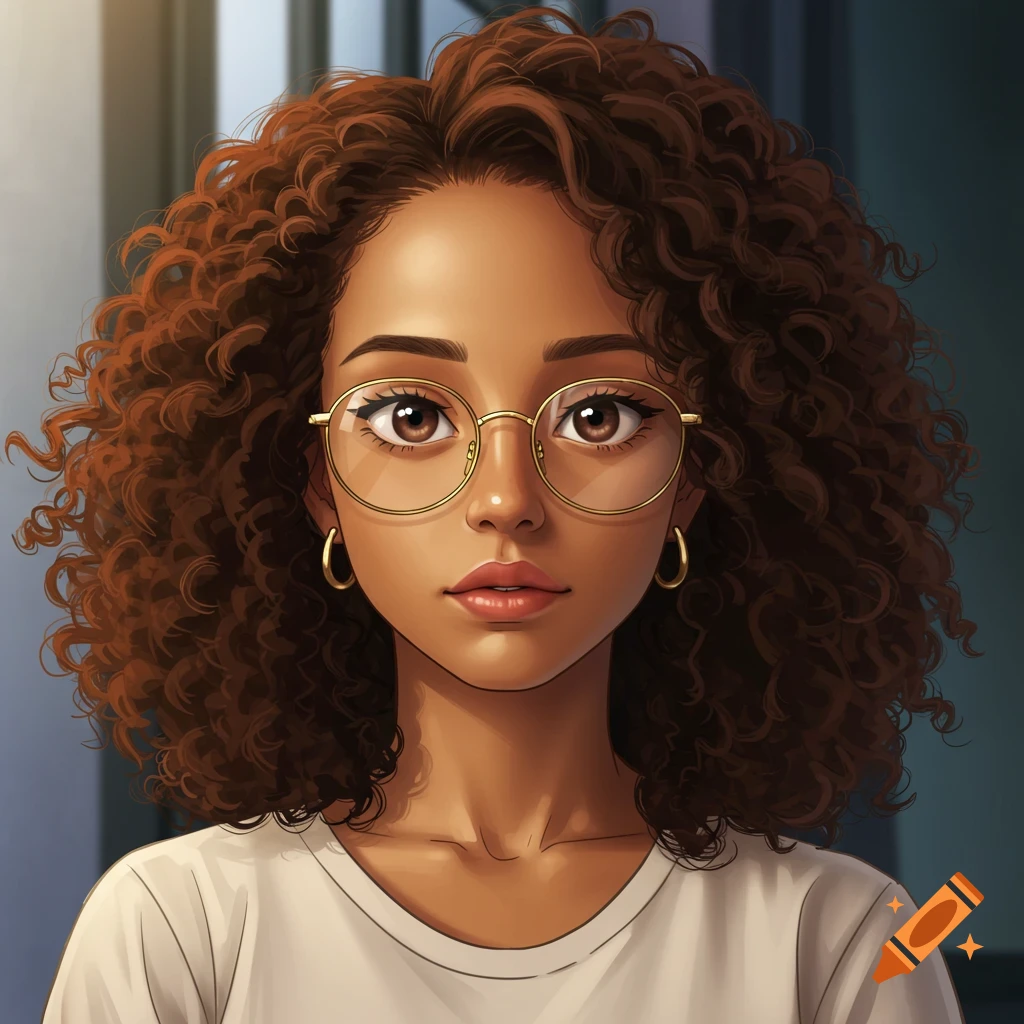 Anime style portrait of a woman with curly hair and glasses.