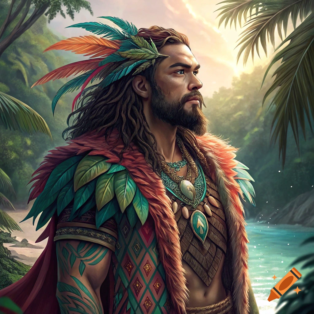 A man resembling Jason Momoa in tribal fantasy attire with feathers and fur in a tropical landscape.