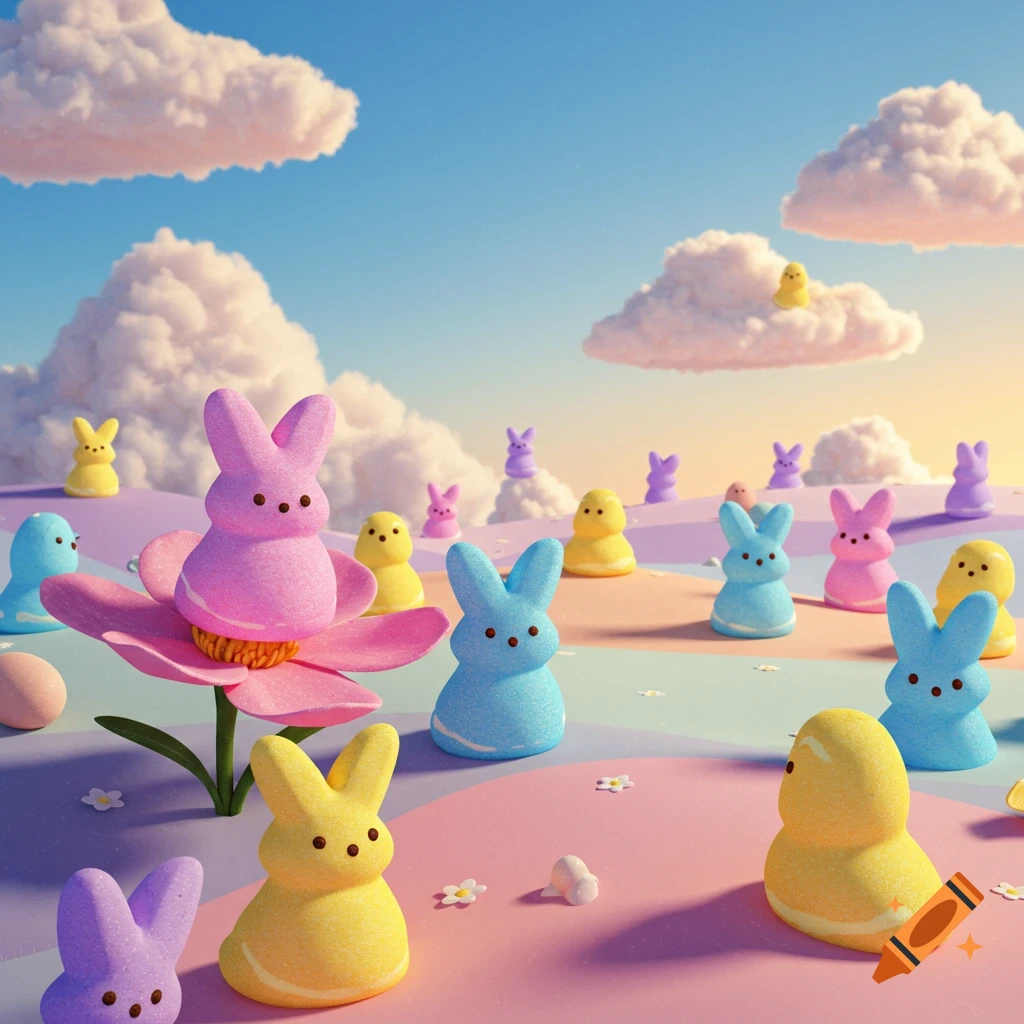 Colorful marshmallow Peeps candies standing in a field with clouds and a giant flower.