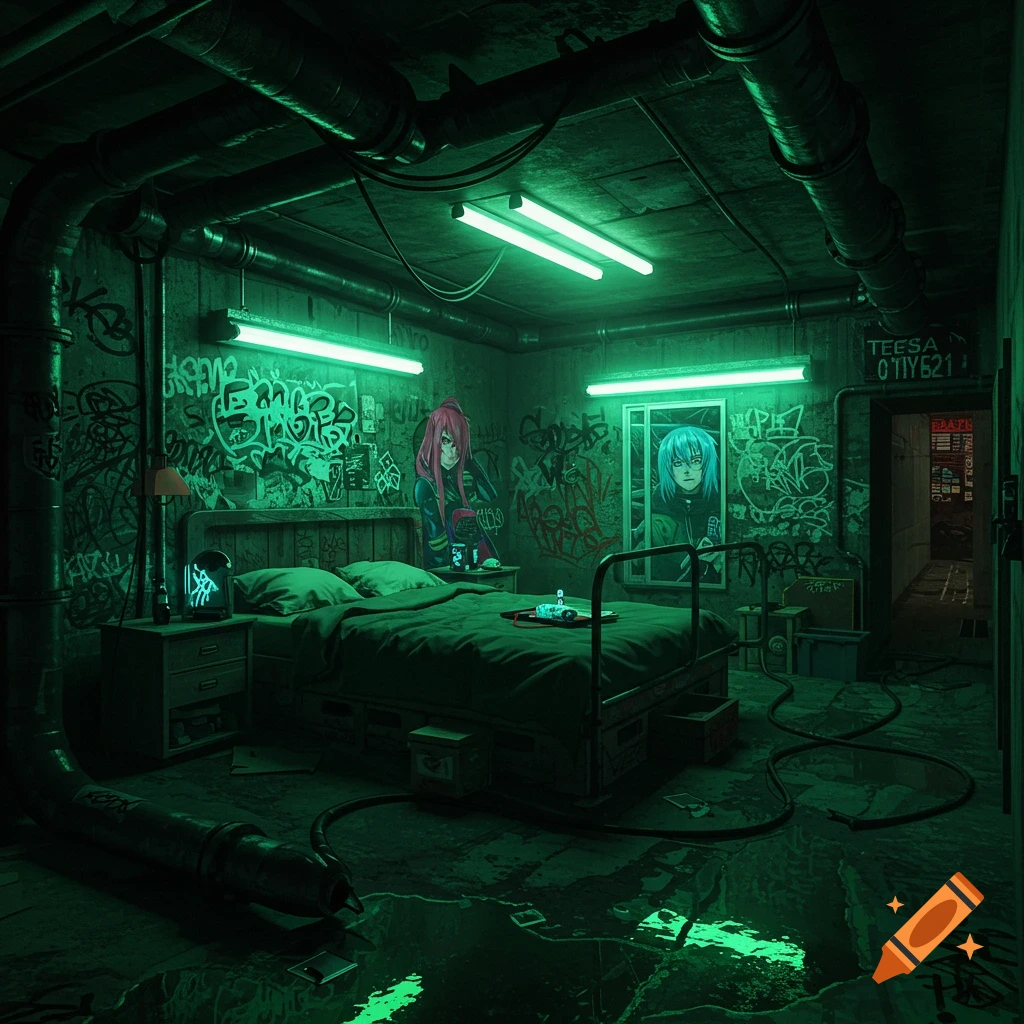 A cyberpunk bedroom with graffiti, green neon lights, pipes, and posters of anime figures.