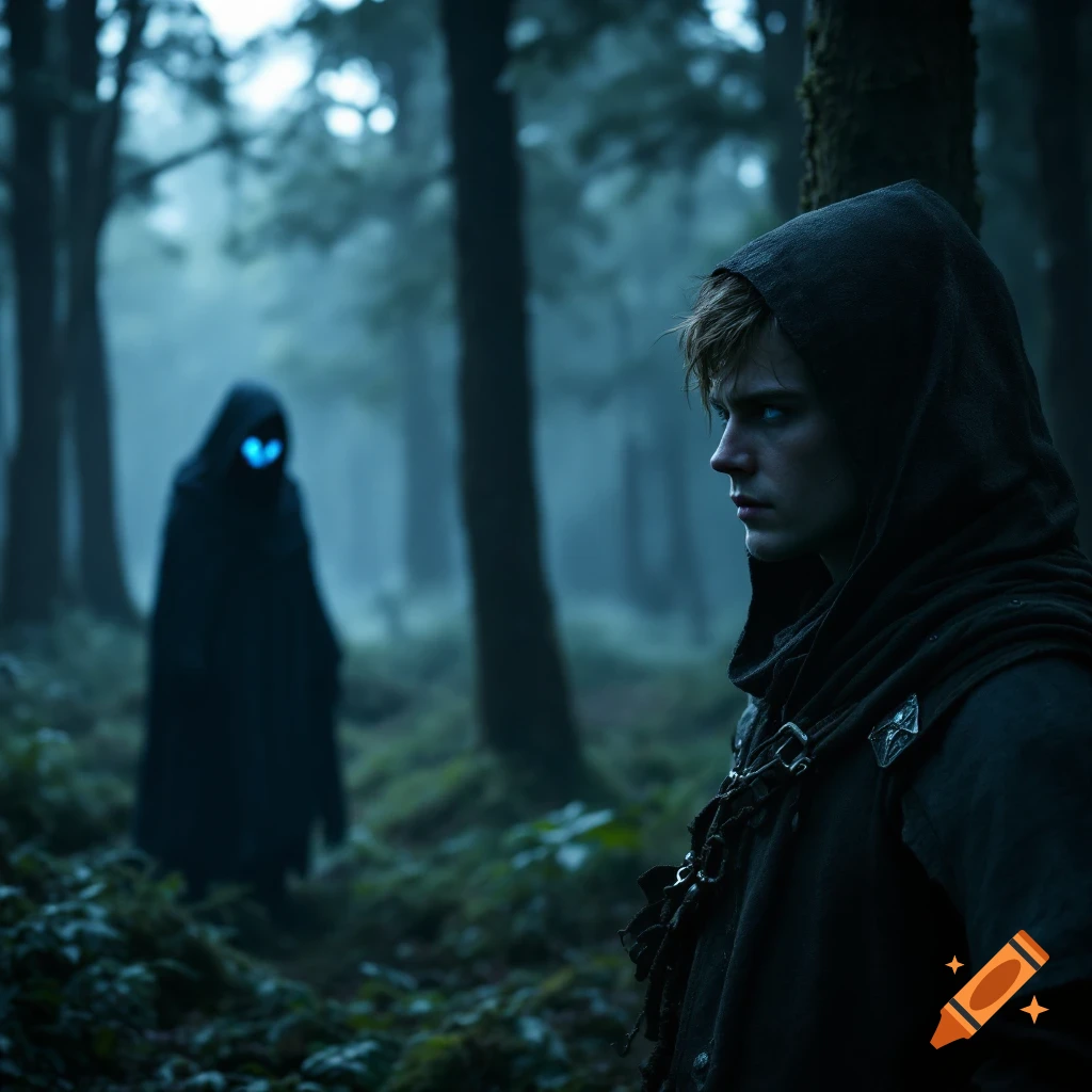 A hooded figure in a dark forest looks away from a distant cloaked figure with glowing blue eyes.