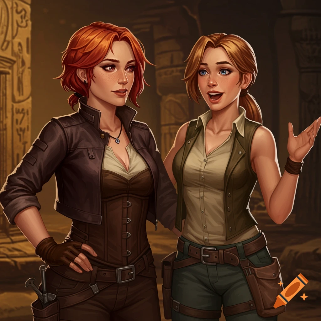 two women in adventure gear in ancient ruins.