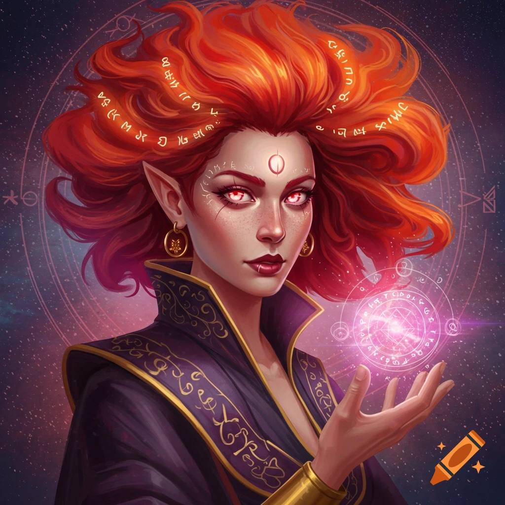 An image of a female fantasy character with red hair and glowing eyes, casting magic with symbols.