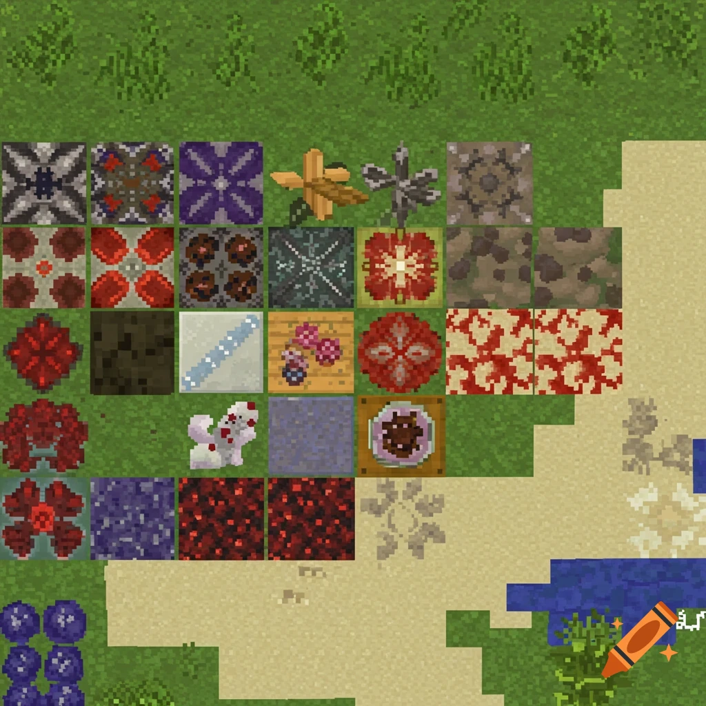 A pixelated top-down view showing a grid of various game textures on grass, sand, and water, in a Minecraft-like style.