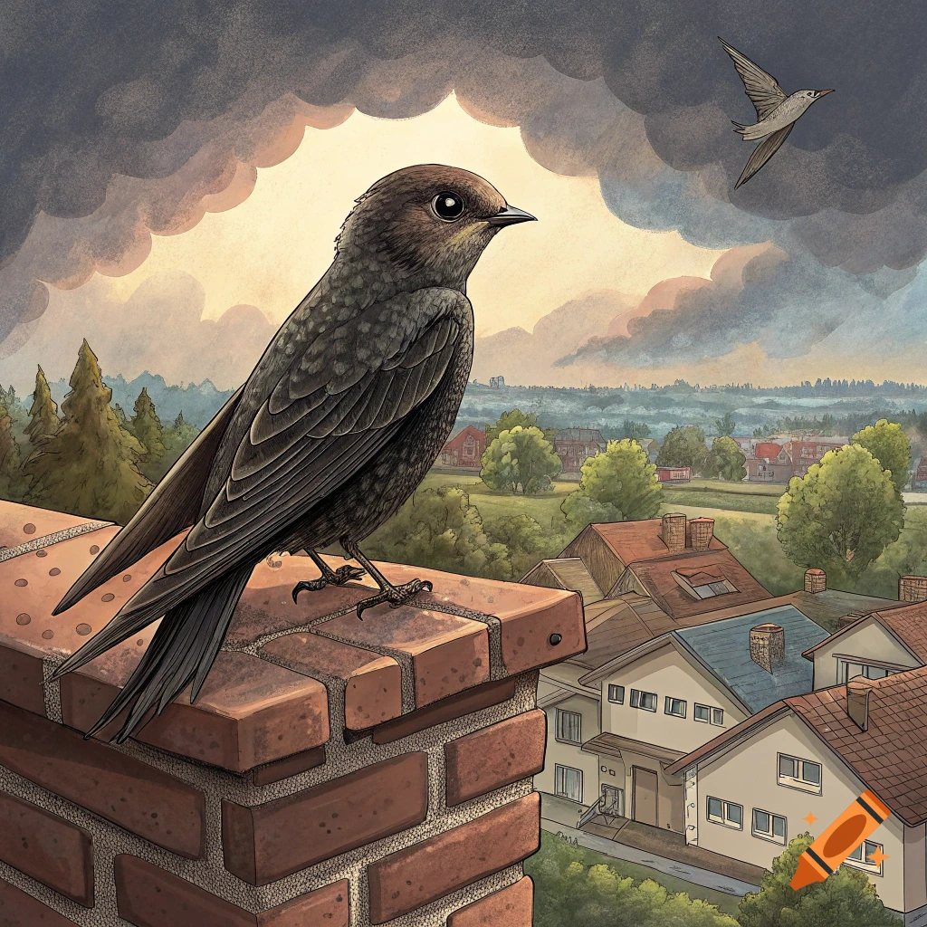 A dark swift bird perches on a brick chimney, overlooking a town and landscape under a cloudy sky. Illustrated style.
