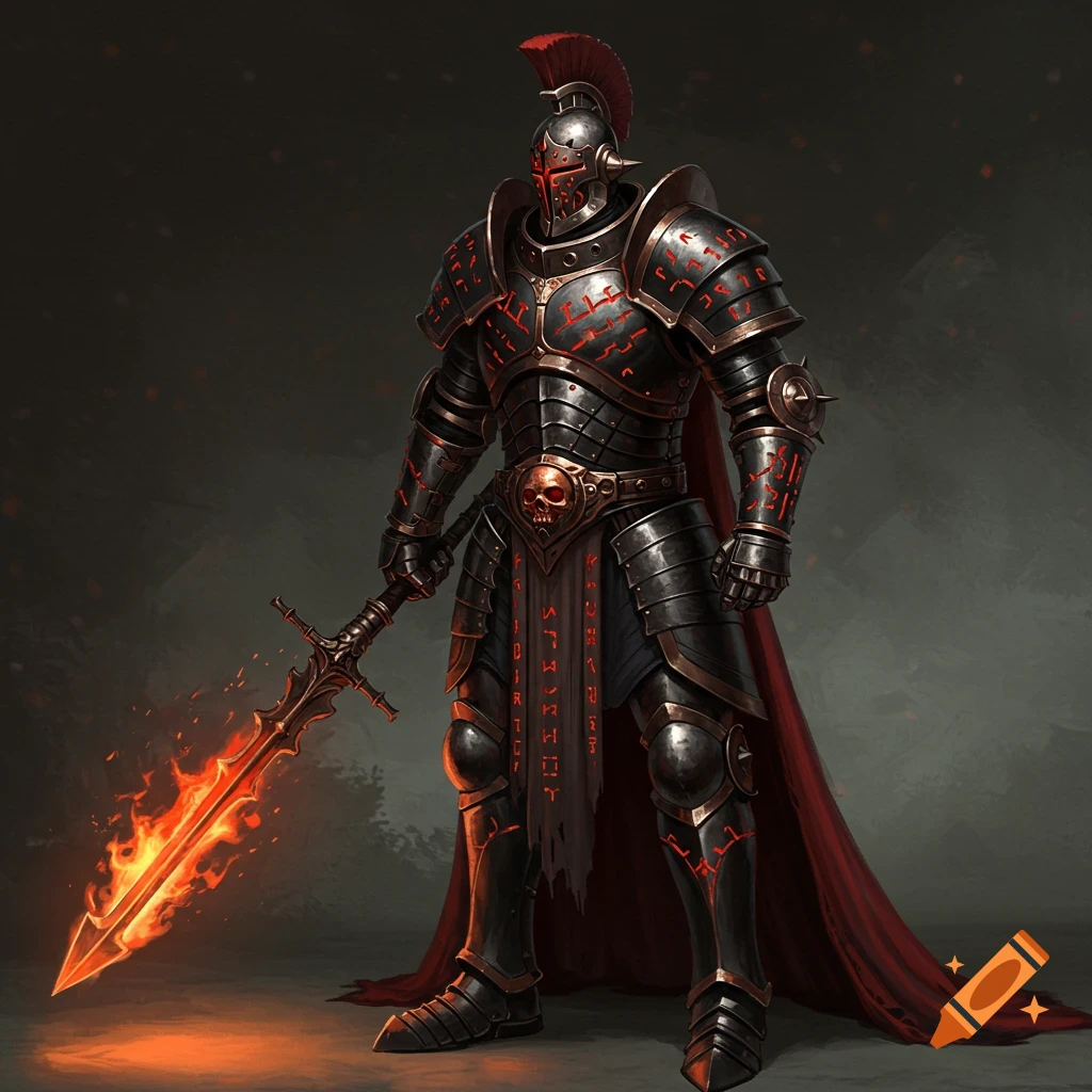 A warrior in black armor with red inscriptions, skull buckle, and a flaming sword.