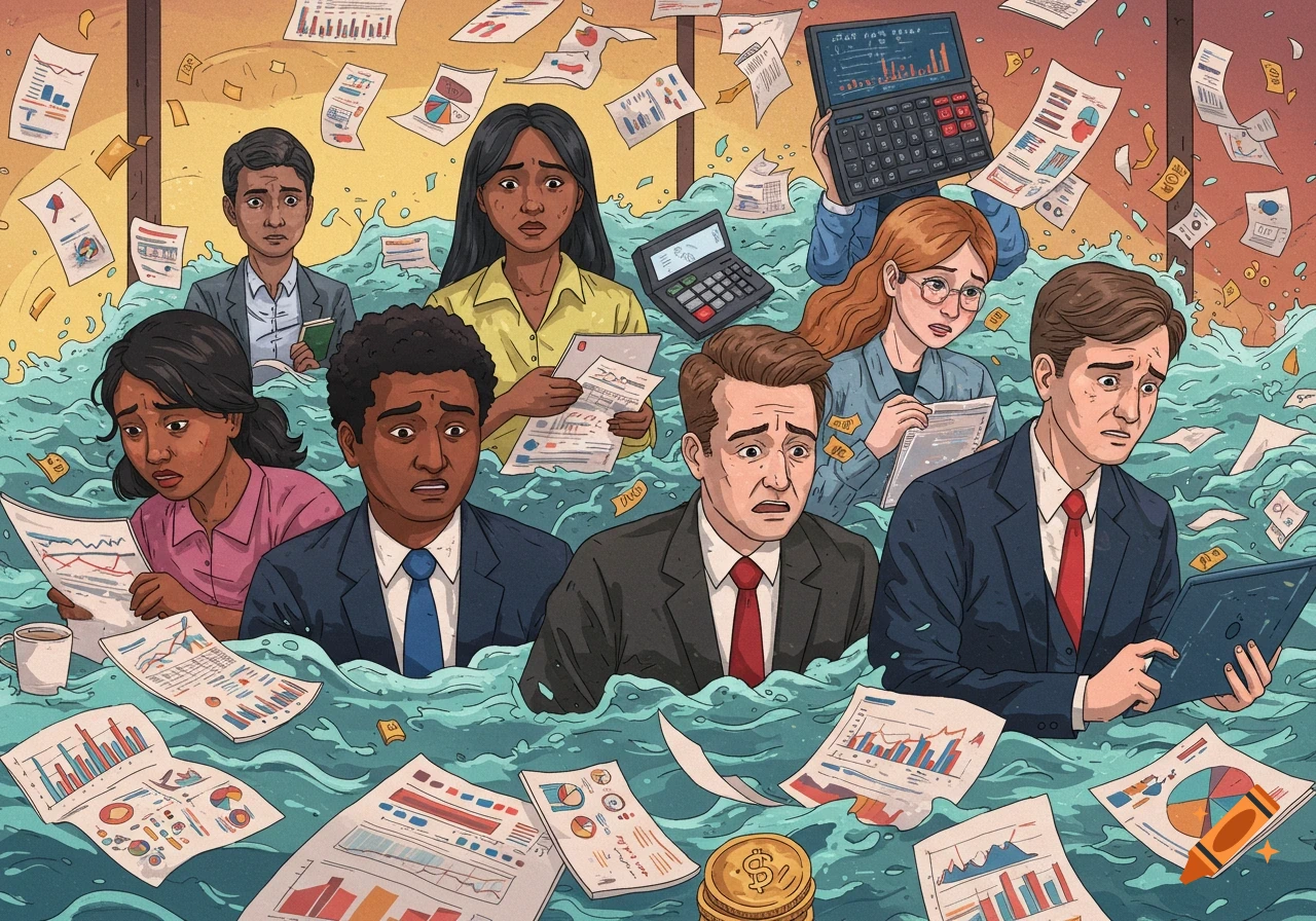 Illustration of distressed business people drowning in financial papers and water.